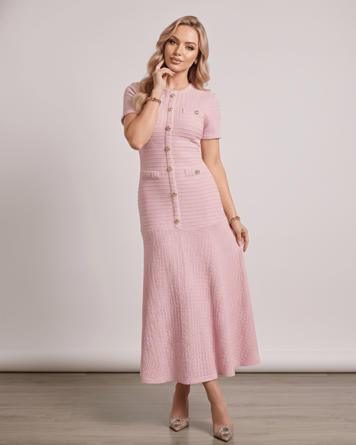Aureline Maxi Dress in textured knit with round neck, refined silhouette, by Lauven, elegant and flared for modern style.