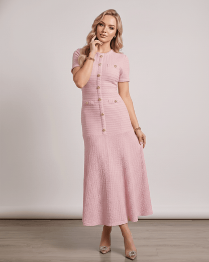Aureline Maxi Dress in textured knit with round neck, refined silhouette, by Lauven, elegant and flared for modern style.