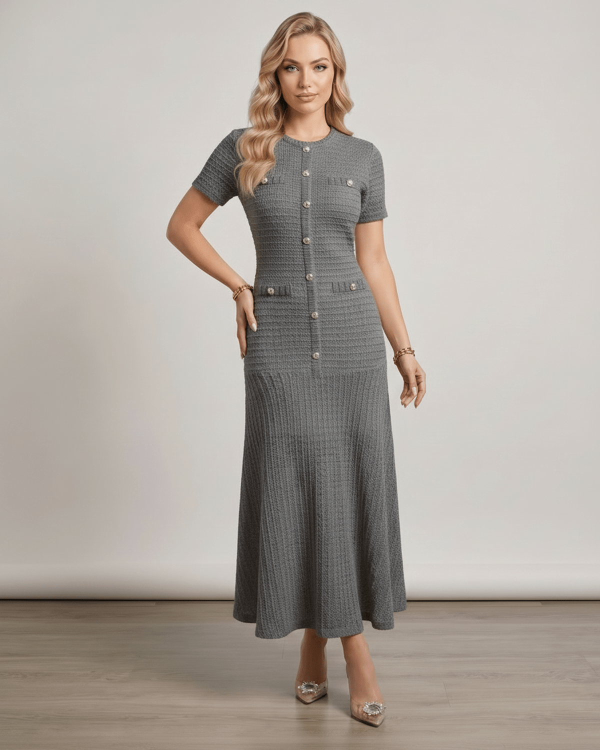 Aureline Maxi Dress by Lauven, textured knit, round neck, gently flared hem, modern silhouette for fluid movement.