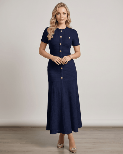 Aureline Maxi Dress by Lauven, textured knit, round neck, refined structure, flared hem, modern wardrobe essential.