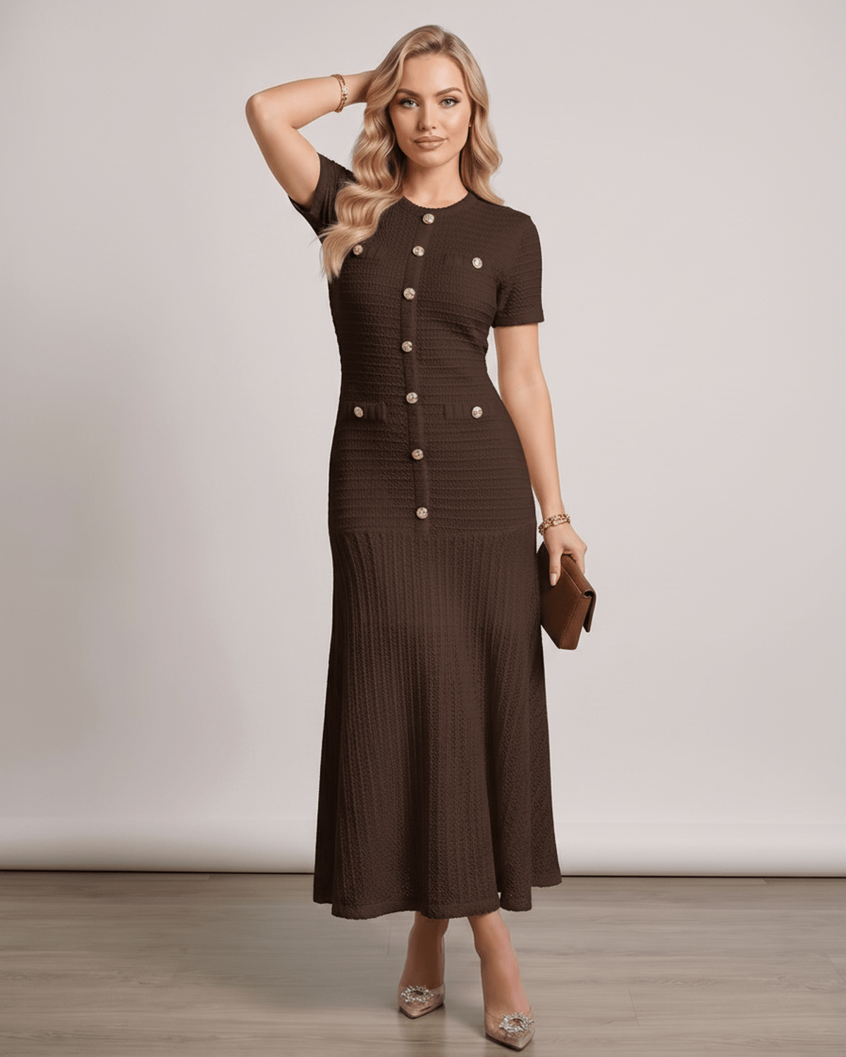 Aureline Maxi Dress in textured knit with round neck and flared hem, designed by Lauven, offering a sophisticated silhouette.
