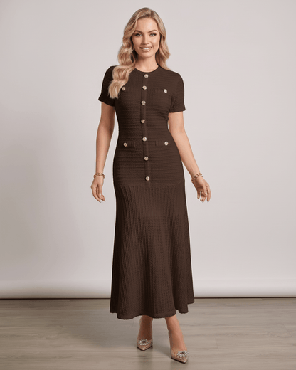 Aureline Maxi Dress in textured knit, featuring a round neck, refined silhouette, and flared hem by Lauven.