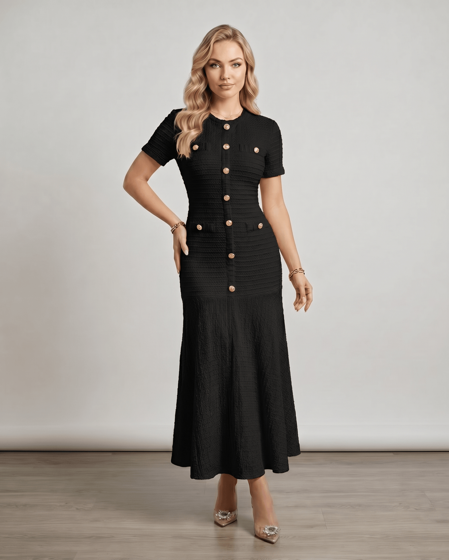 Aureline Maxi Dress by Lauven, textured knit with round neck, flared hem, and polished finish for modern elegance.
