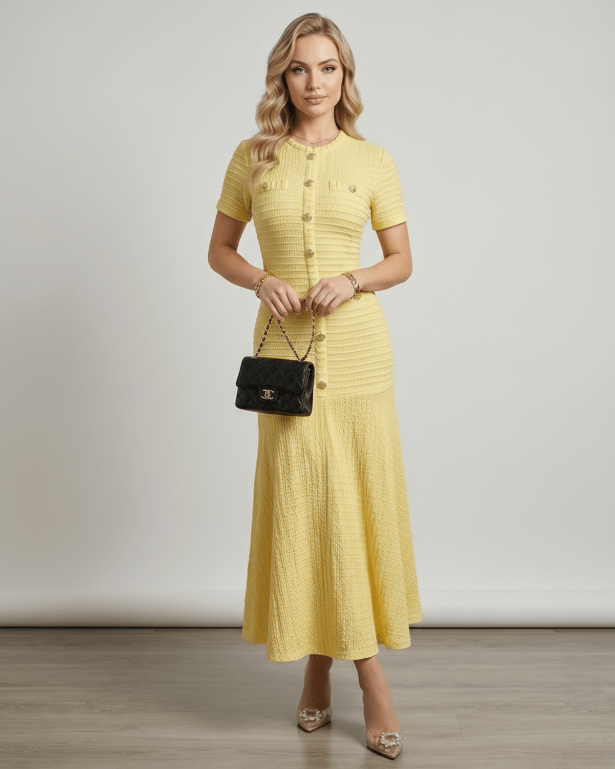 Aureline Maxi Dress in textured knit with round neck, flared hem and a stylish look for modern wardrobes by Lauven.