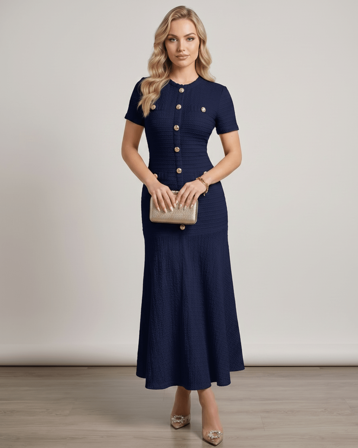 Aureline Maxi Dress by Lauven, textured knit with round neck and full-length gently flared hem, perfect for modern wardrobes.