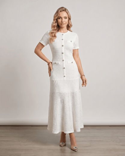 Aureline Maxi Dress by Lauven, featuring a textured knit, round neck, and a gently flared hem for elegant movement.