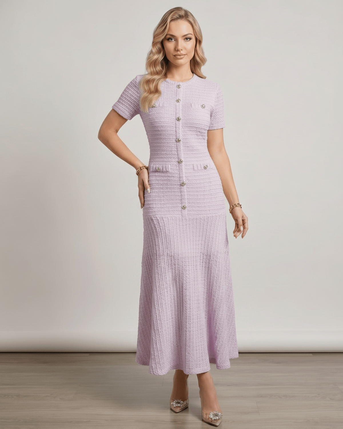 Aureline Maxi Dress in textured knit, round neck, featuring a flared hem, by Lauven, ideal for a modern wardrobe.