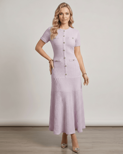 Aureline Maxi Dress in textured knit, round neck, featuring a flared hem, by Lauven, ideal for a modern wardrobe.