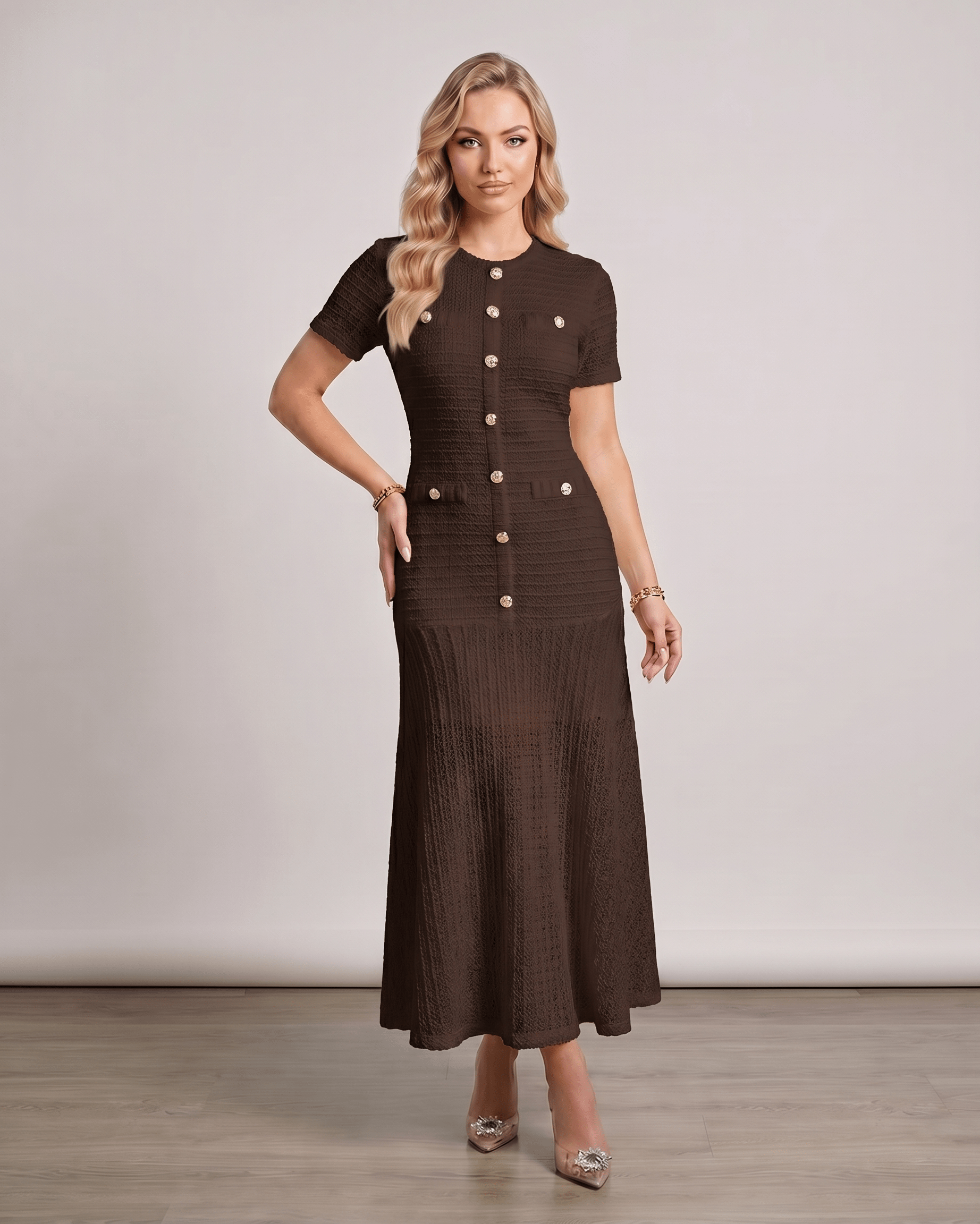 Aureline Maxi Dress from Lauven, featuring textured knit, round neck, and a softly contoured silhouette for elegant style.