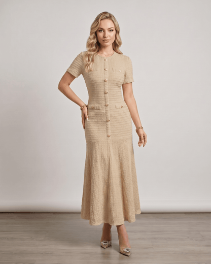 Aureline Maxi Dress featuring textured knit, round neck, fluid movement, and a refined silhouette by Lauven.