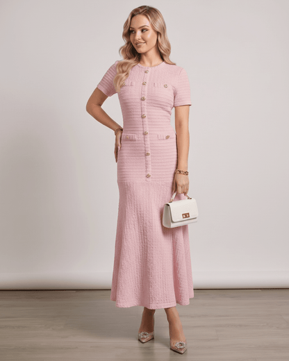 Aureline Maxi Dress by Lauven, textured knit, round neck, refined silhouette, gently flared hem, perfect for modern wardrobes.
