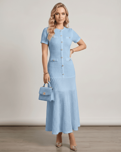 Aureline Maxi Dress by Lauven, textured knit, round neck, refined structure, flared hem, modern elegance.