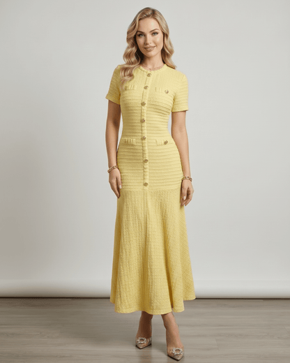 Aureline Maxi Dress in textured knit, featuring round neck and gently flared hem from Lauven, perfect for a polished look.
