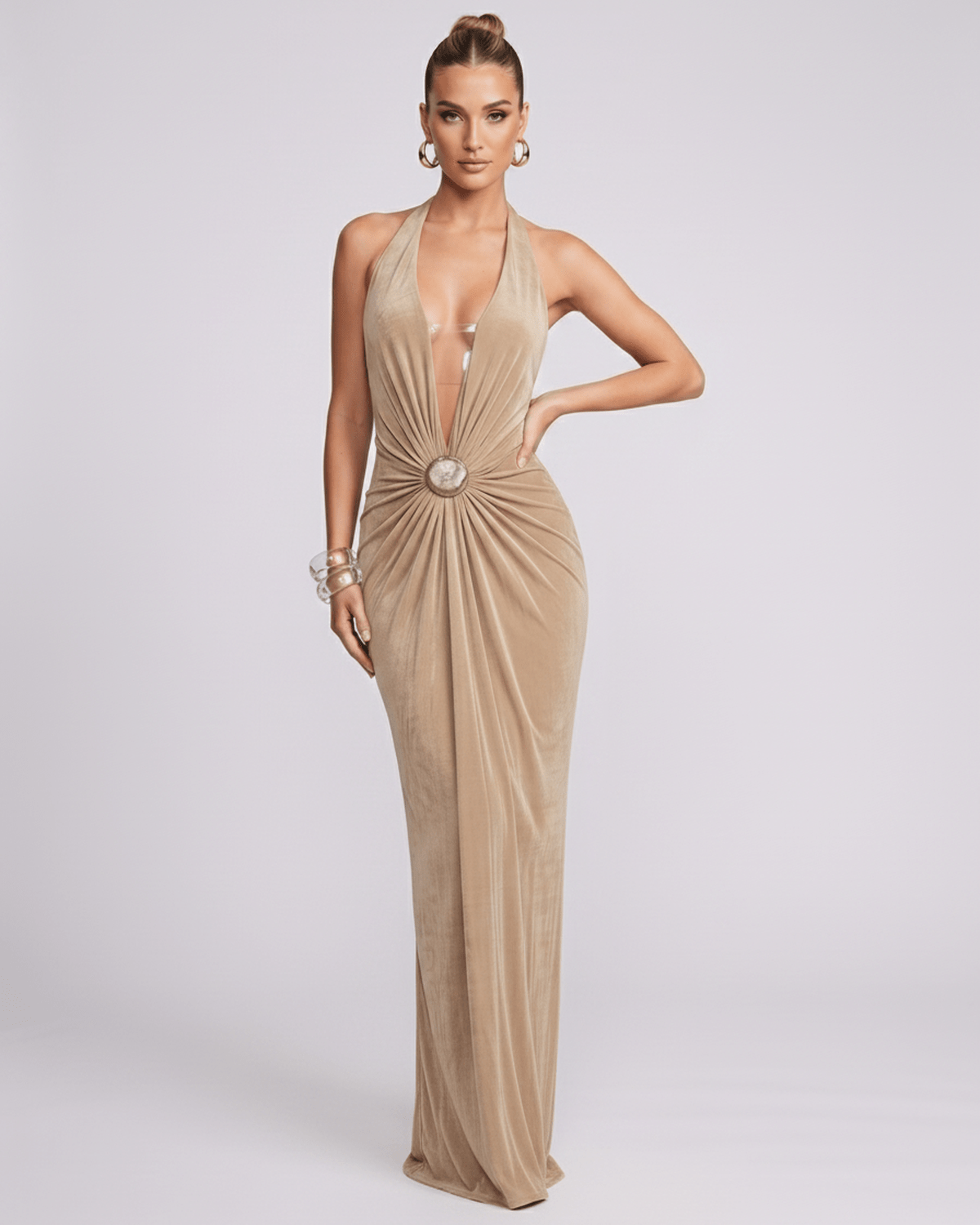 Aurelis Maxi Dress showcasing a deep V-neck, gathered waist, and smooth polyester blend for a chic look by Lauven.