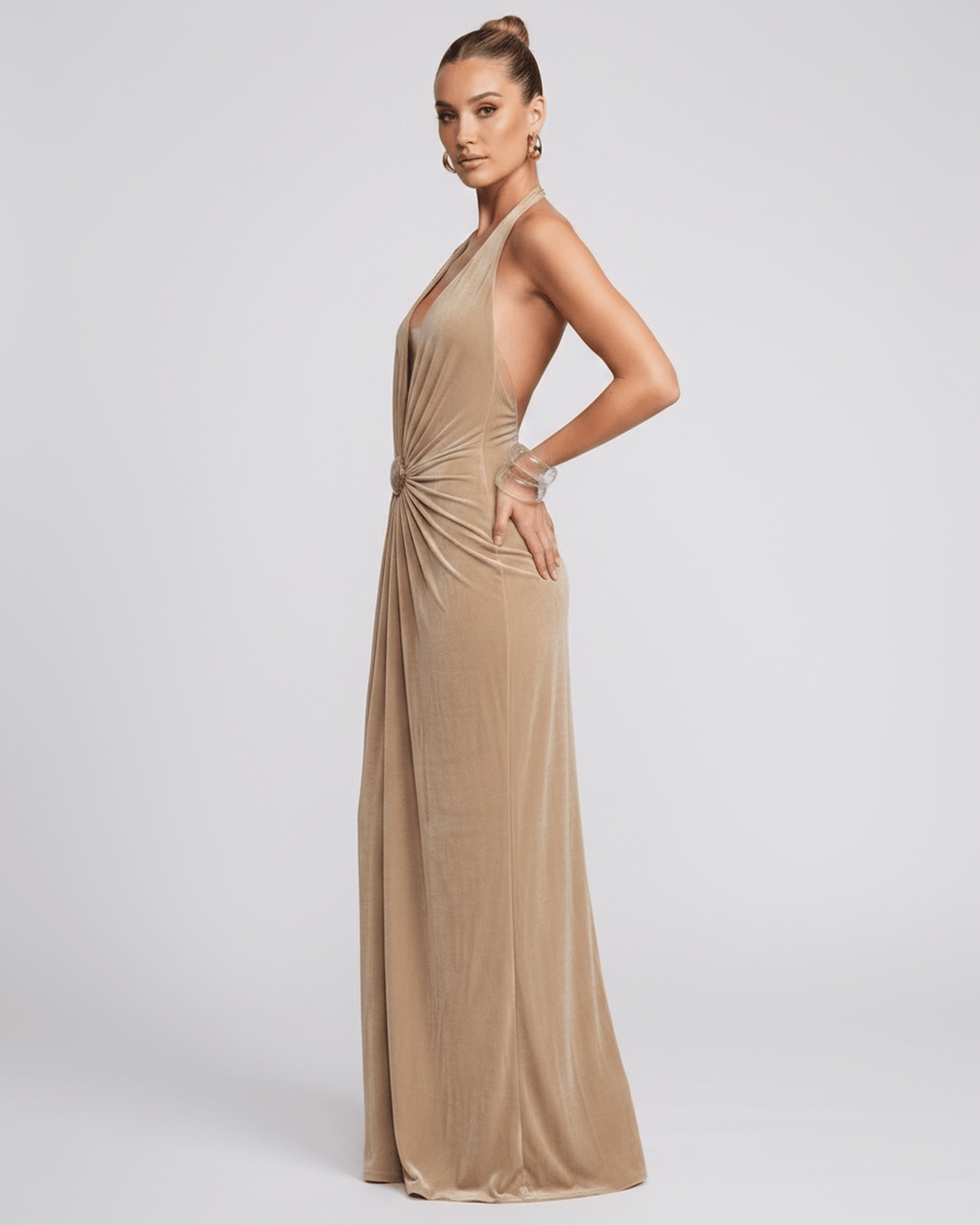 Aurelis Maxi Dress in smooth polyester-spandex, deep V-neck, elegant silhouette from Lauven, perfect for refined occasions.
