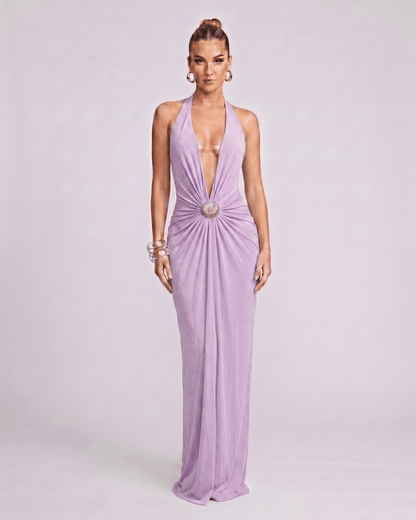 Aurelis Maxi Dress in lavender, featuring a deep V-neck, gathered waist detail, from Lauven brand. Elegant and smooth.