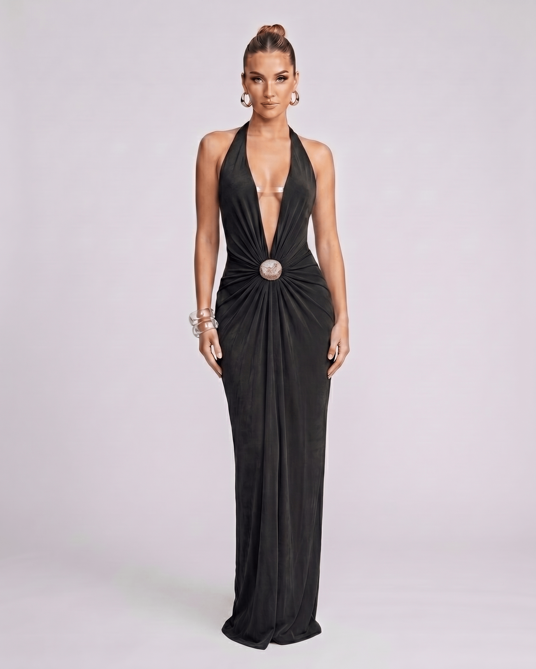 Aurelis Maxi Dress featuring a deep V-neck, gathered waist, and elegant silhouette from Lauven.