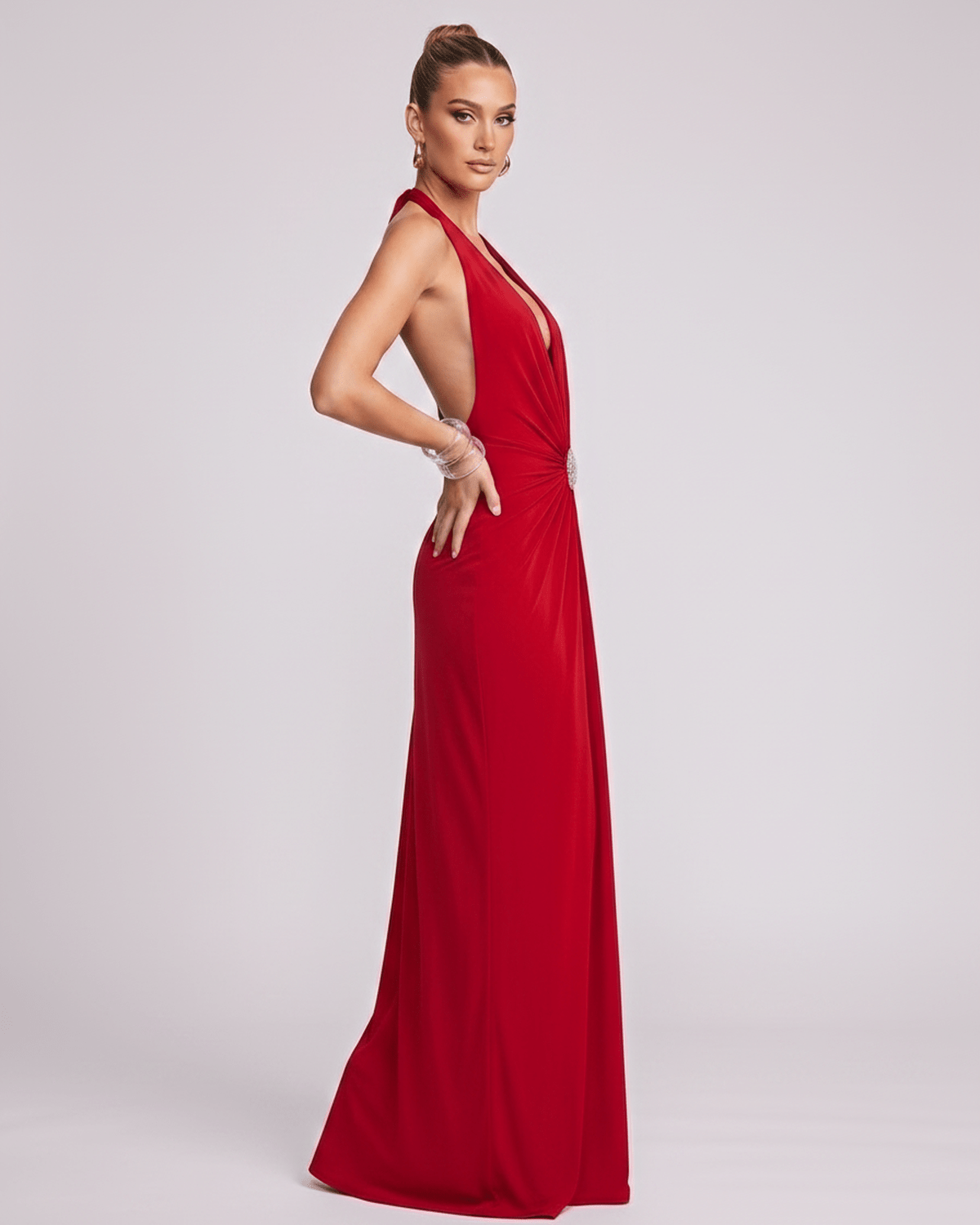 Aurelis Maxi Dress in red, featuring a V-neck, gathered waist, and smooth polyester-spandex blend by Lauven.