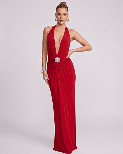 Aurelis Maxi Dress in red, featuring a deep V-neck, gathered waist detail, and sleek polyester-spandex fabric by Lauven.
