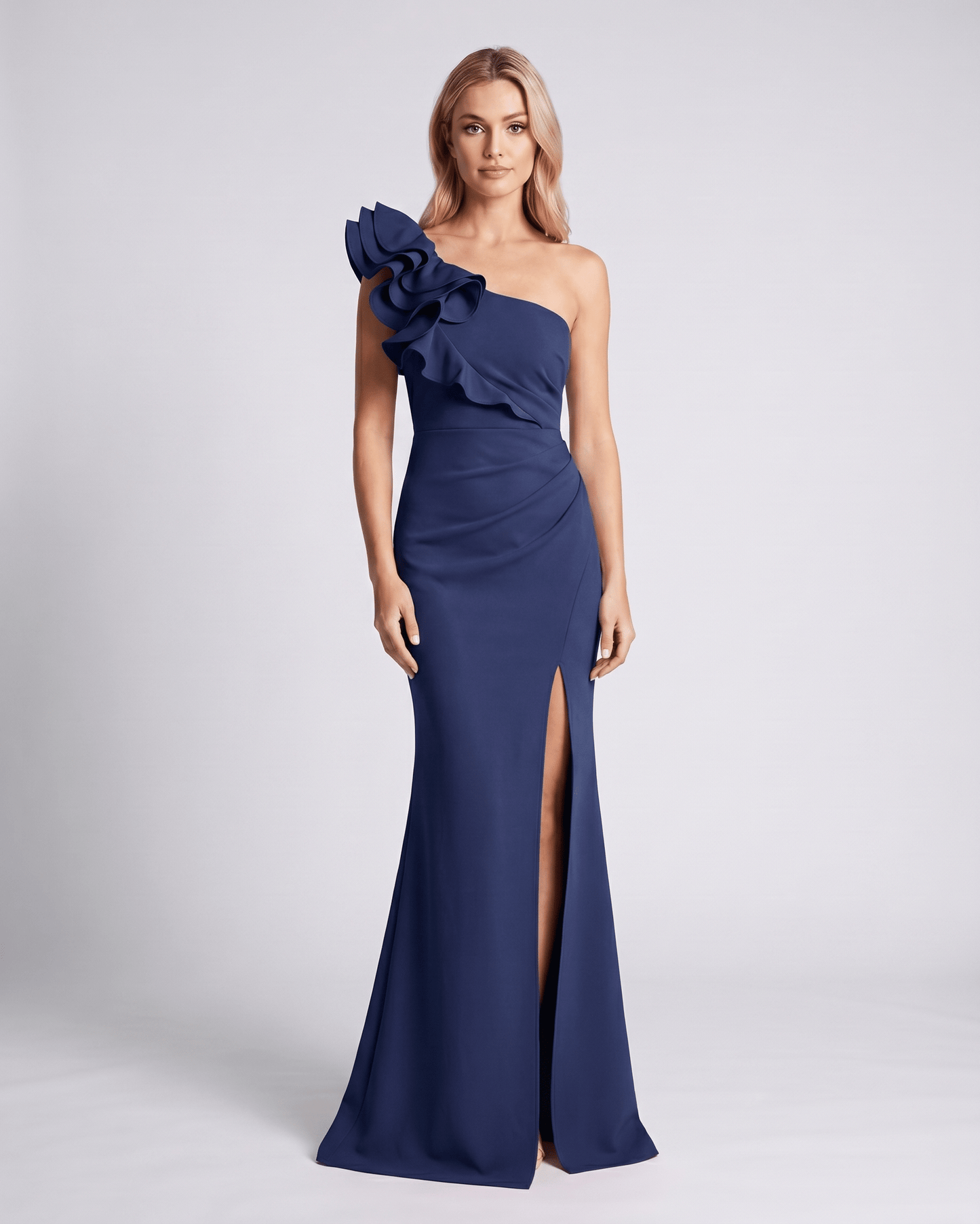 Aurelium Maxi Dress in navy with one-shoulder design, smooth stretch fabric, and layered wavy detail by Lauven.
