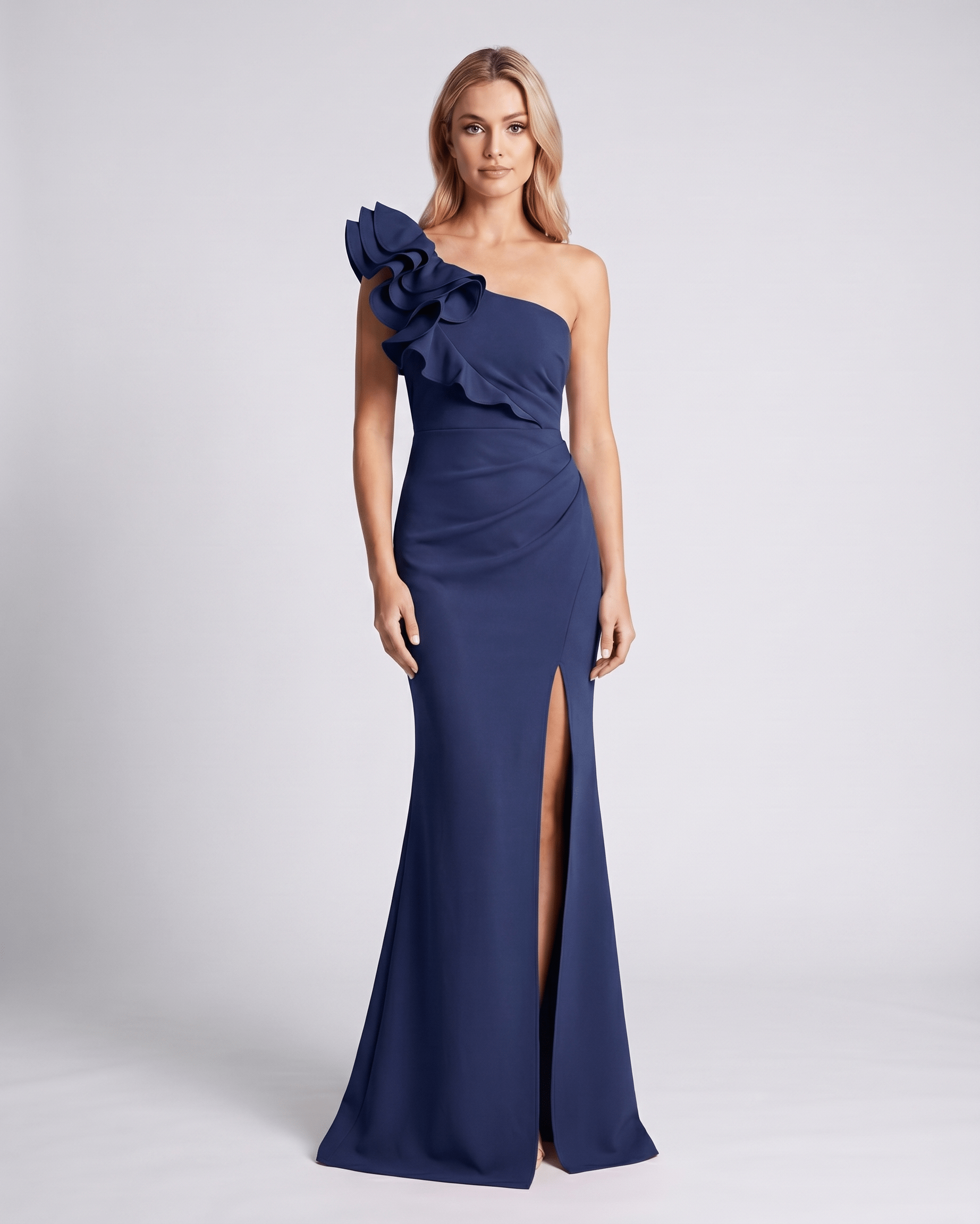 Aurelium Maxi Dress in navy with one-shoulder design, smooth stretch fabric, and layered wavy detail by Lauven.