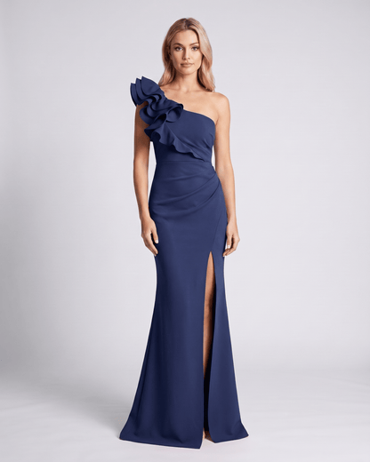 Aurelium Maxi Dress in navy with one-shoulder design, smooth stretch fabric, and layered wavy detail by Lauven.