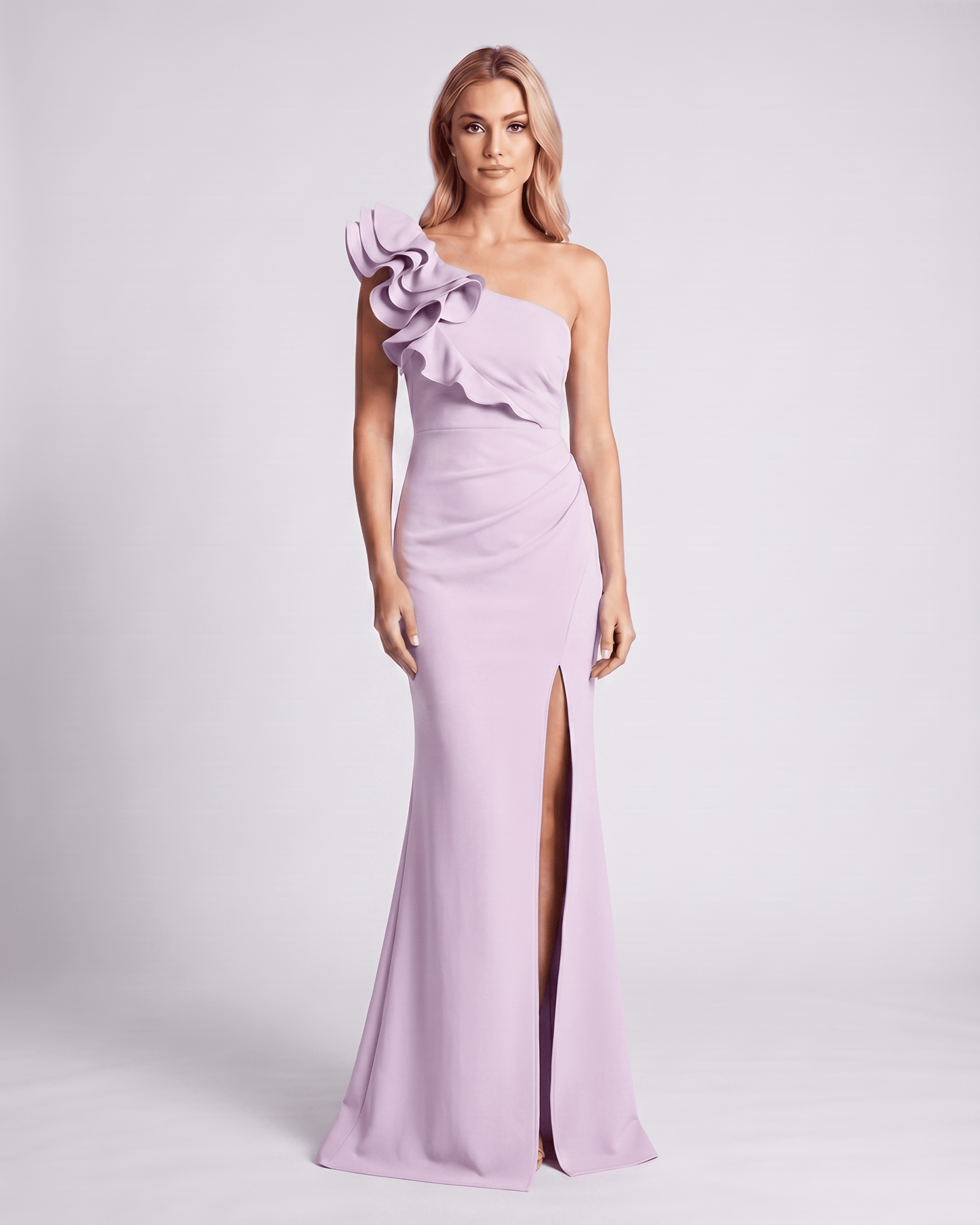 Aurelium Maxi Dress in lavender, featuring one-shoulder design, wavy detailing, and stretch fabric by Lauven.