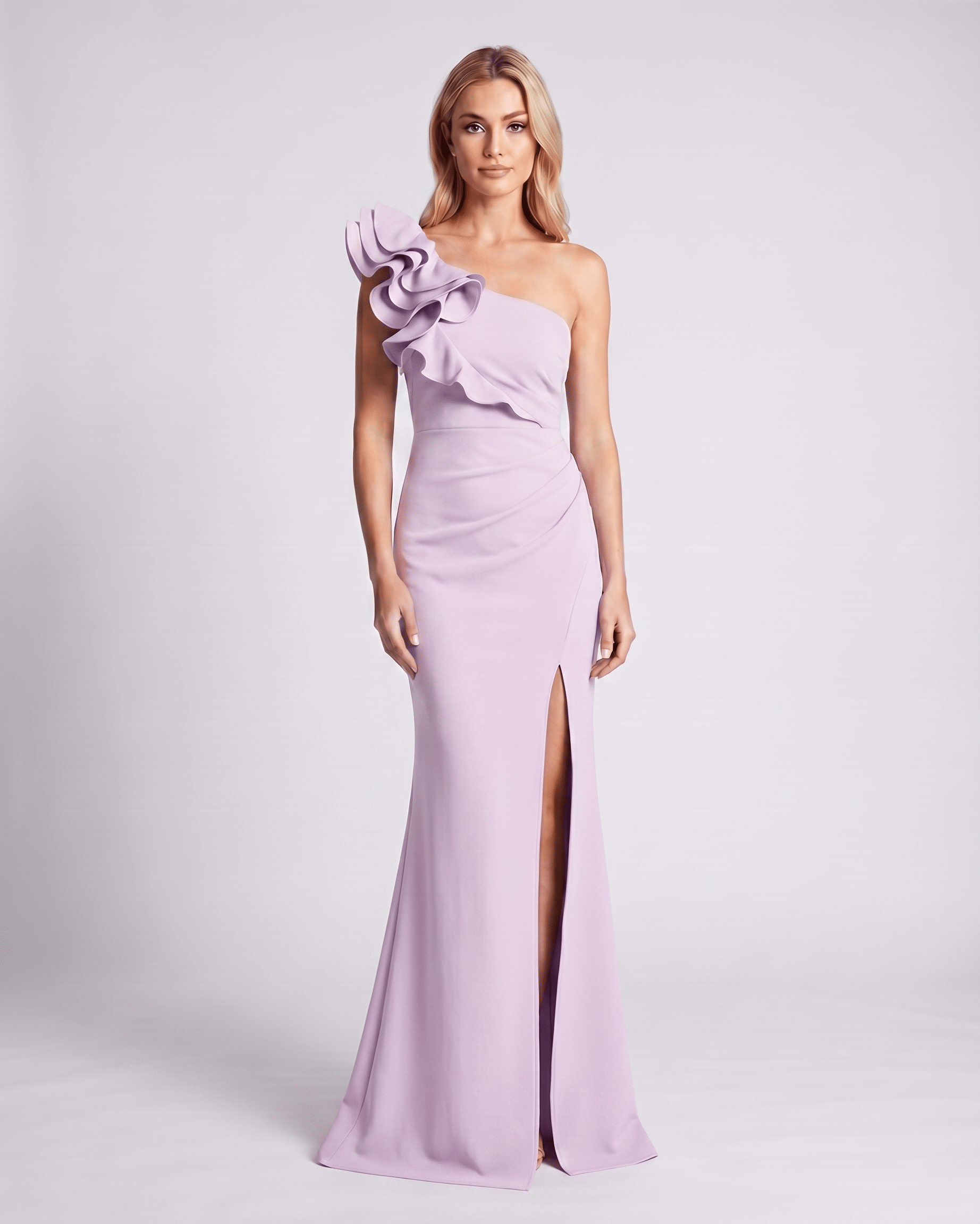Aurelium Maxi Dress in lavender, featuring one-shoulder design, wavy detailing, and stretch fabric by Lauven.