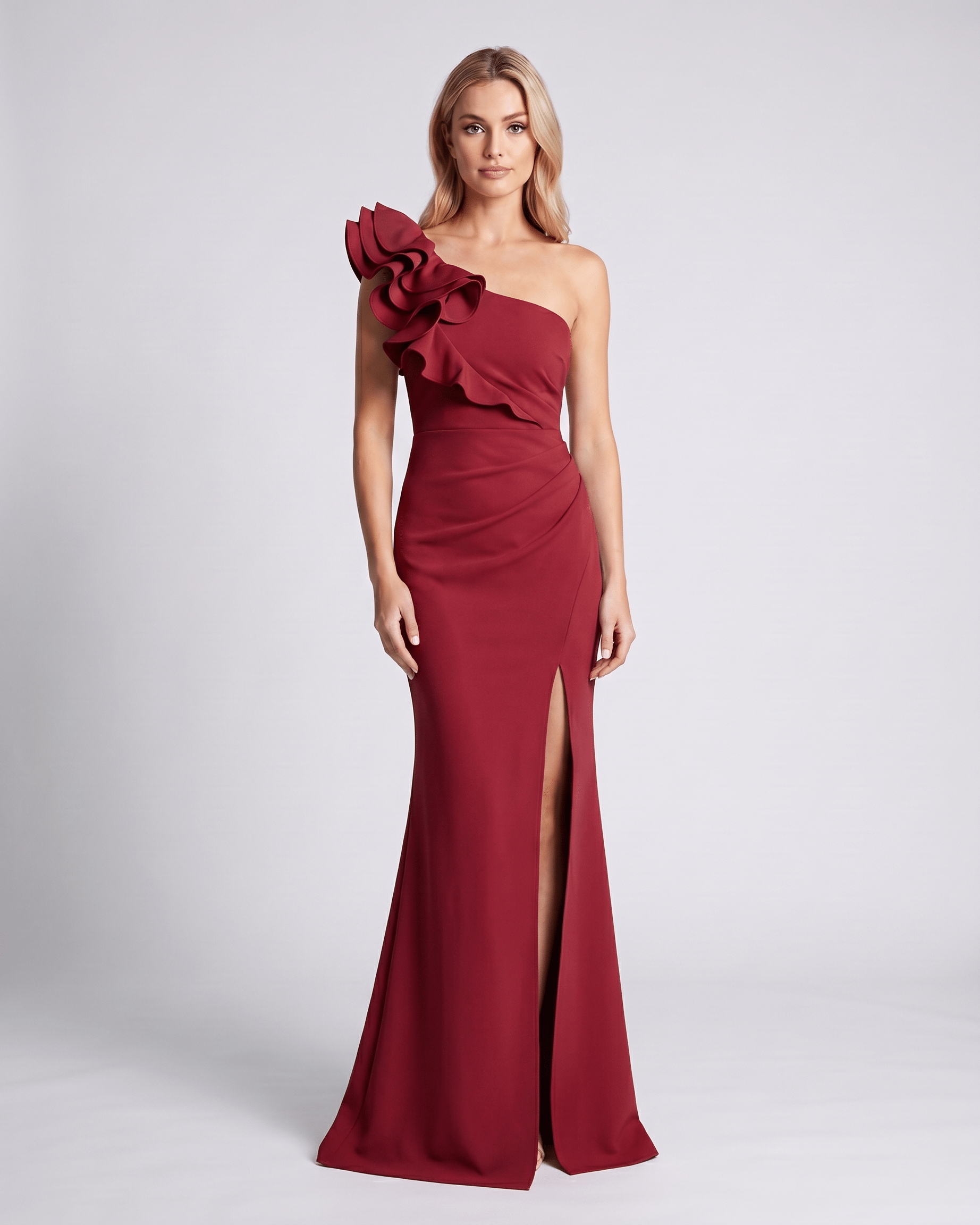 Aurelium Maxi Dress by Lauven, featuring one-shoulder design, smooth stretch fabric, asymmetric neckline, and refined silhouette.