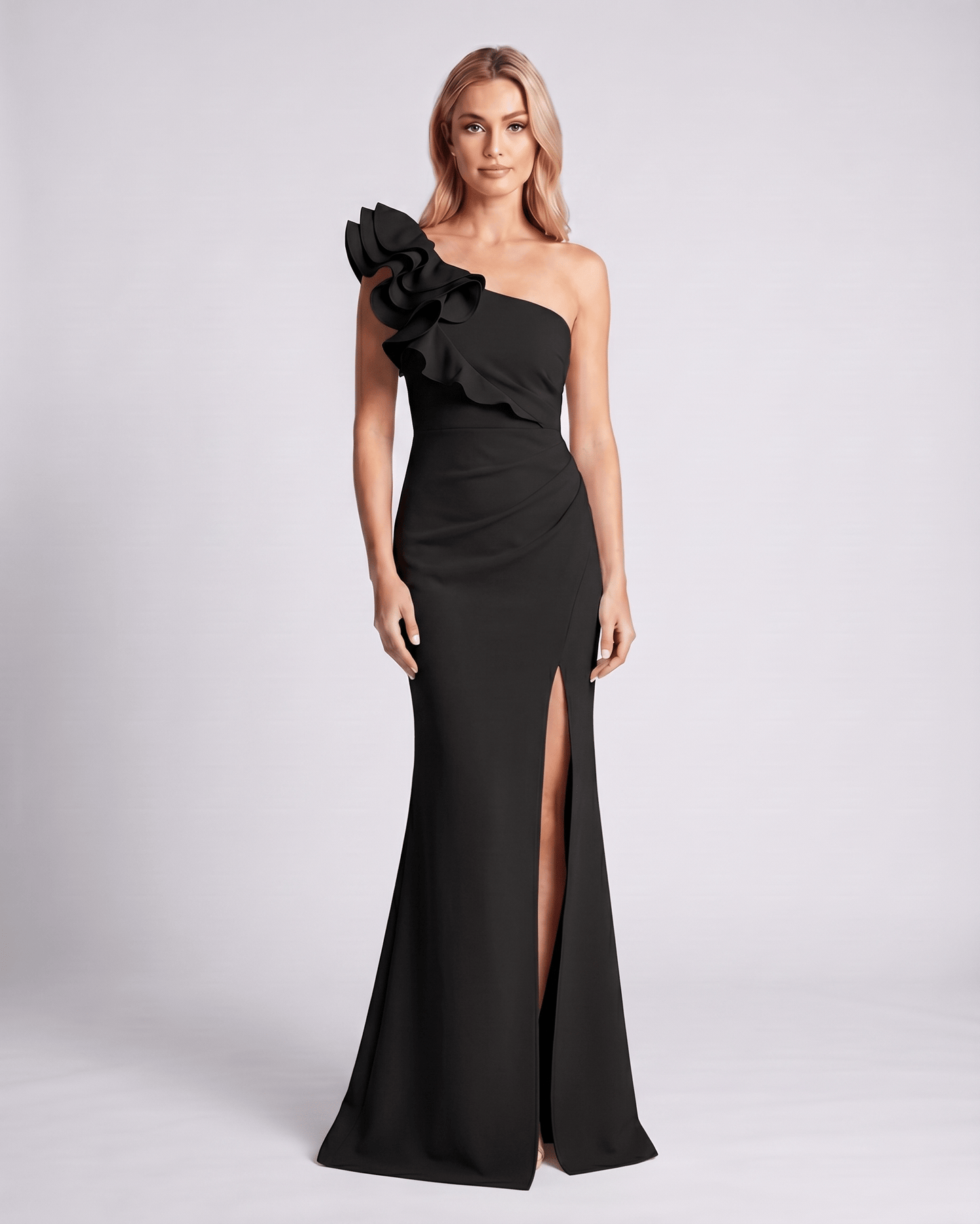Aurelium Maxi Dress by Lauven, one-shoulder design, smooth stretch fabric, elegant fit with layered wavy detailing.