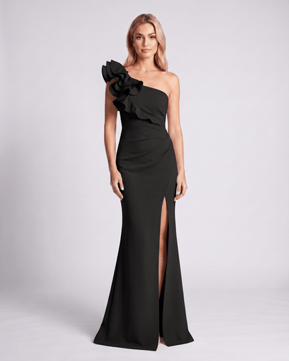 Aurelium Maxi Dress by Lauven, one-shoulder design, smooth stretch fabric, elegant fit with layered wavy detailing.