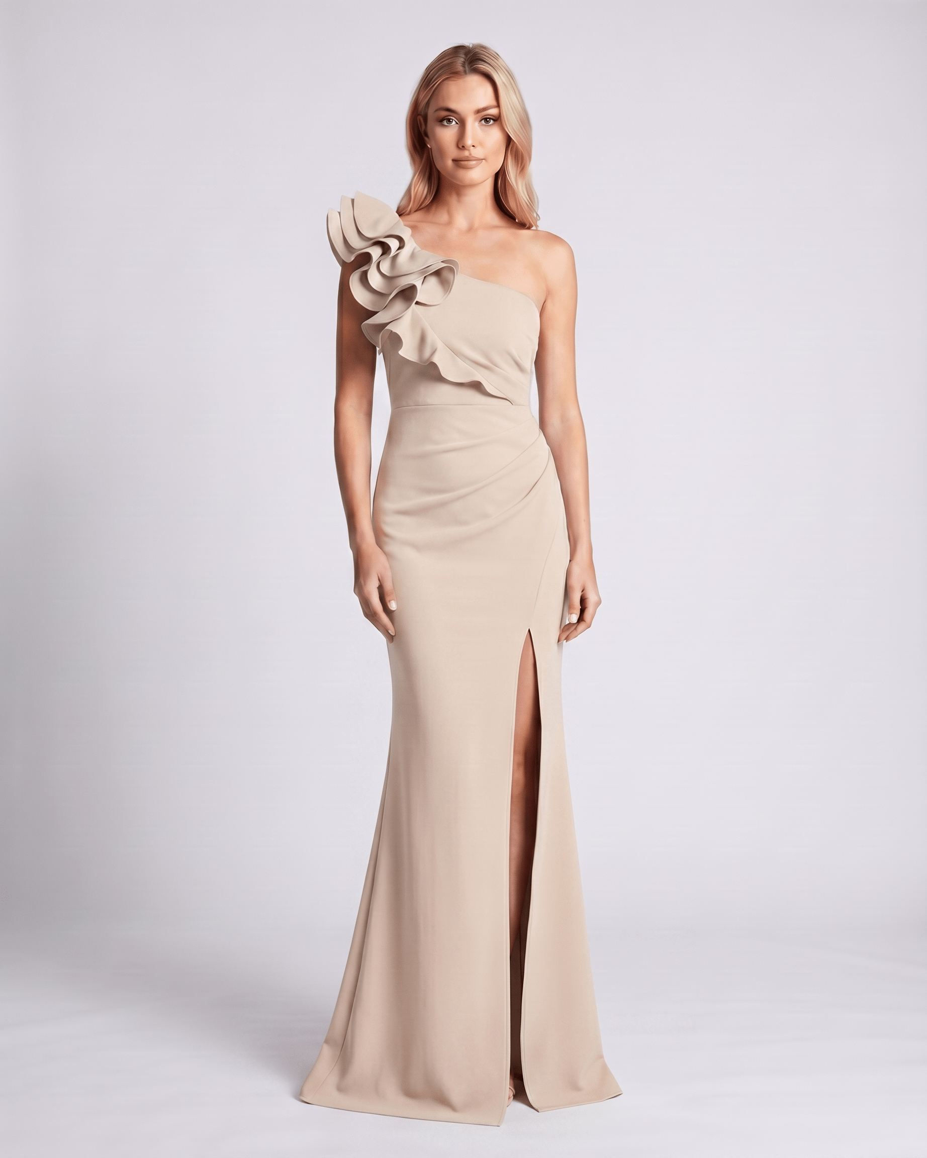 Aurelium Maxi Dress featuring smooth stretch fabric, one-shoulder design, and sculptural wavy detailing by Lauven.
