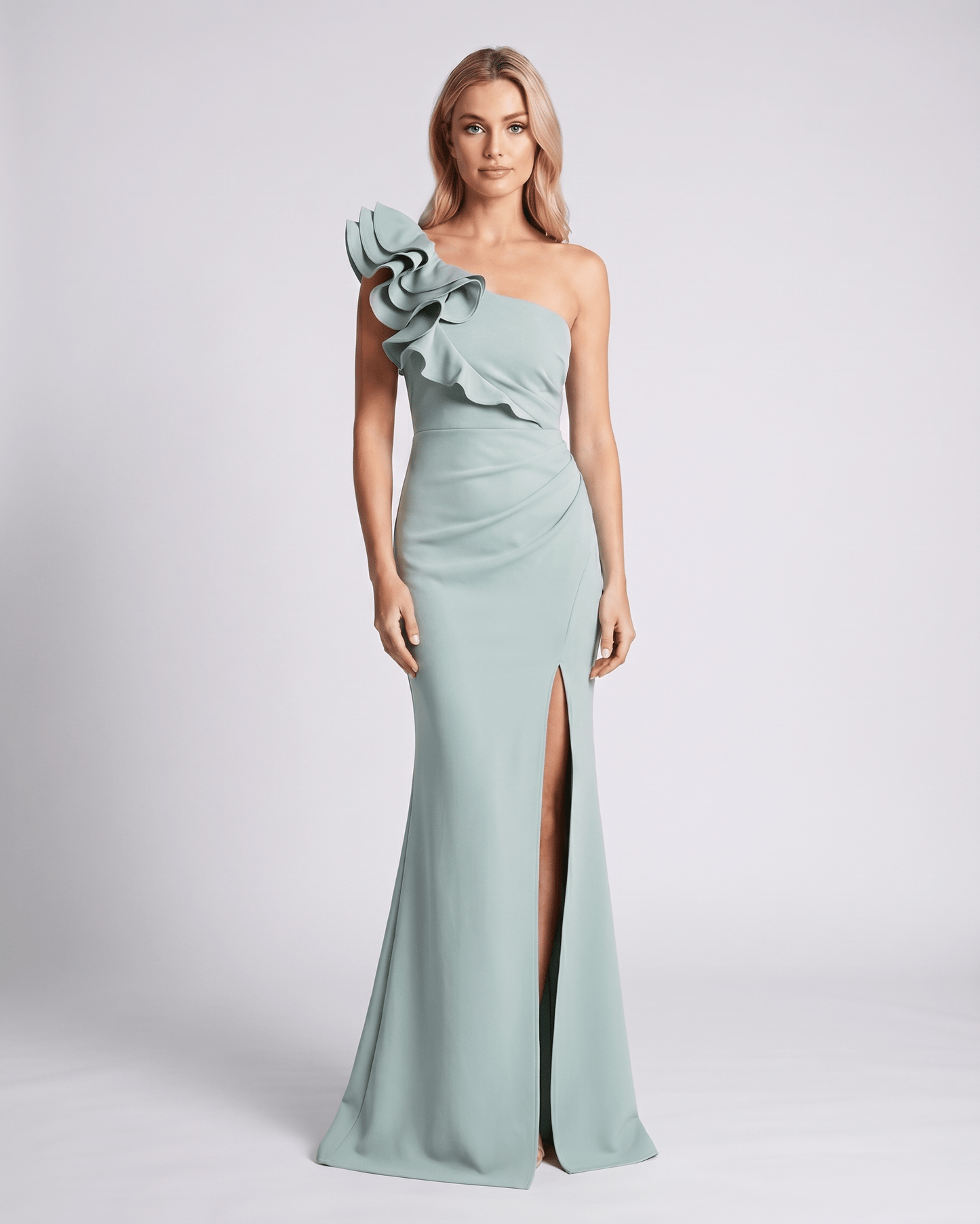 Aurelium Maxi Dress featuring one-shoulder design, smooth stretch fabric, and elegant layered detailing by Lauven.