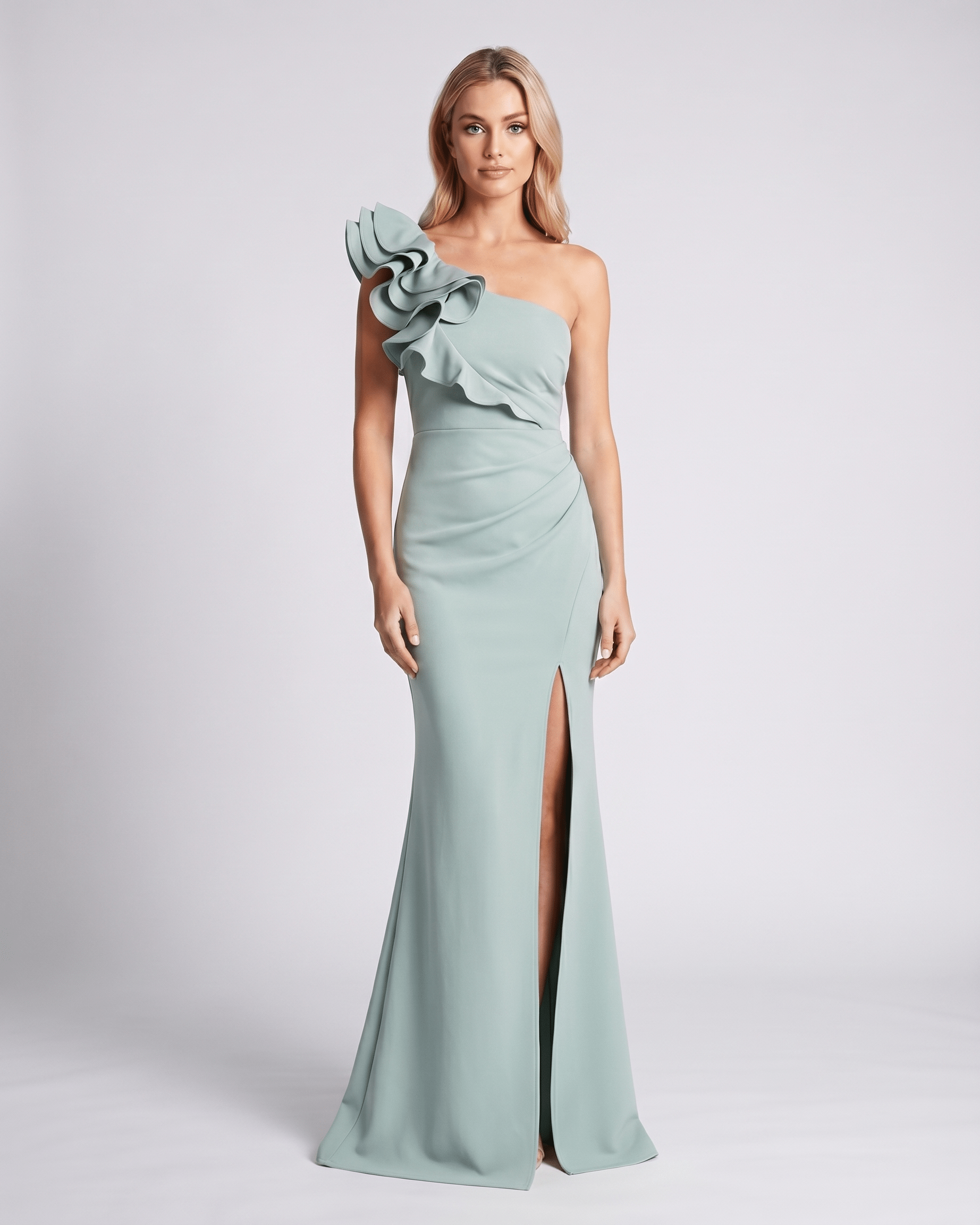 Aurelium Maxi Dress featuring one-shoulder design, smooth stretch fabric, and elegant layered detailing by Lauven.