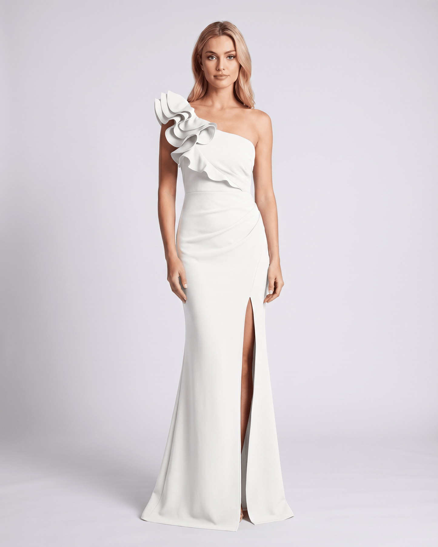 Aurelium Maxi Dress showcasing smooth stretch fabric, one-shoulder design, and elegant wavy detailing by Lauven.