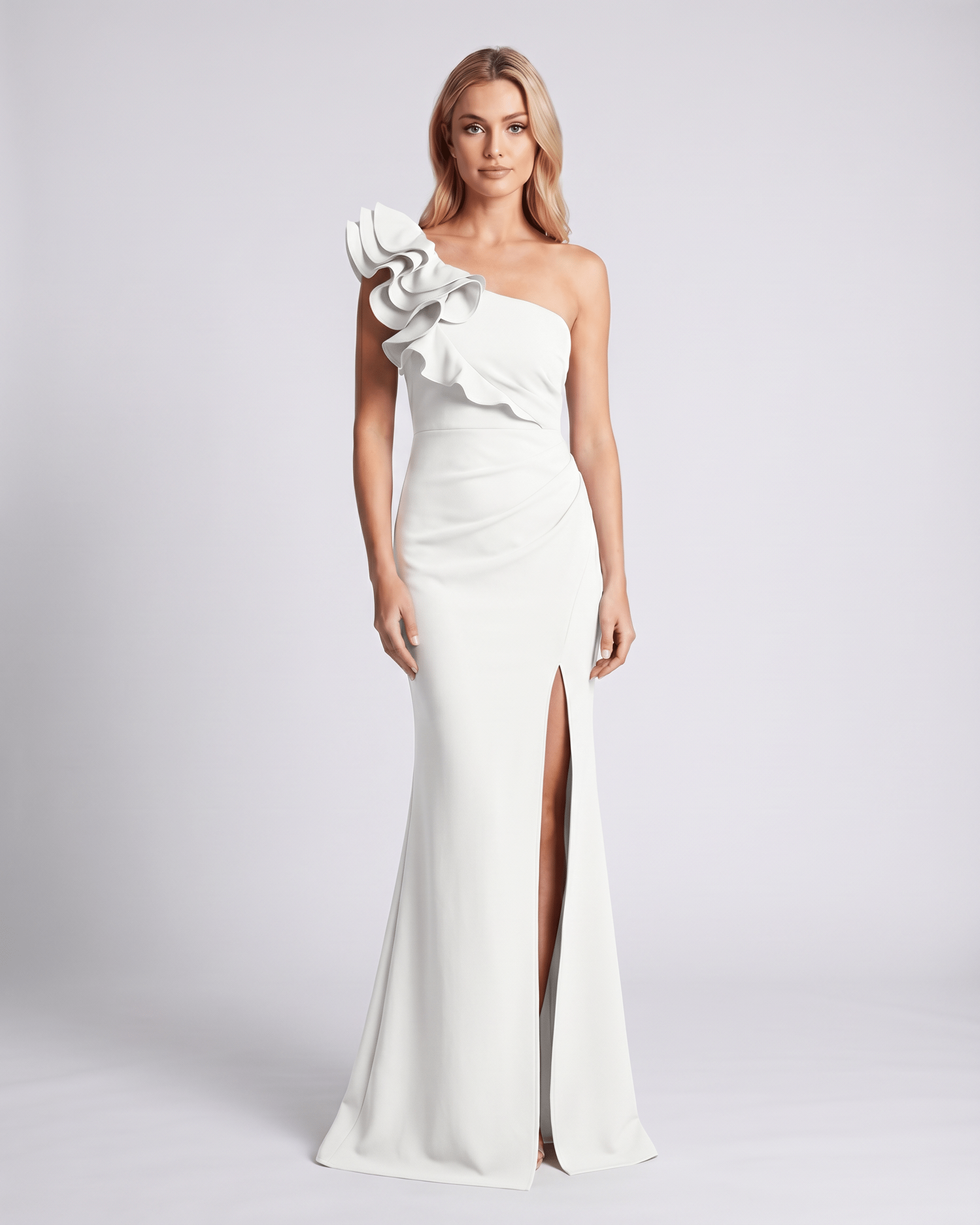 Aurelium Maxi Dress showcasing smooth stretch fabric, one-shoulder design, and elegant wavy detailing by Lauven.