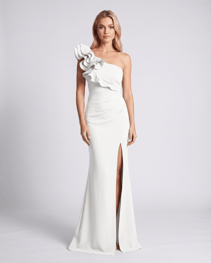 Aurelium Maxi Dress showcasing smooth stretch fabric, one-shoulder design, and elegant wavy detailing by Lauven.