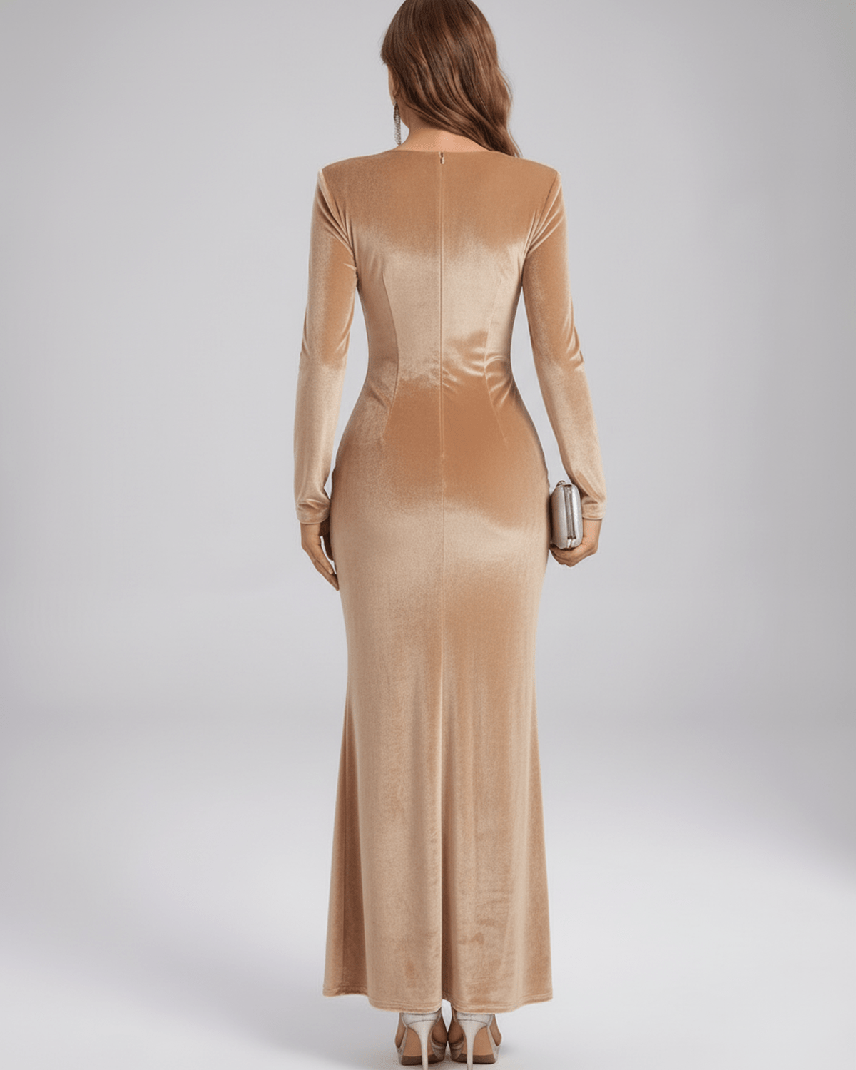 Beige velvet maxi dress by Lauven, featuring a smooth silhouette and square neckline, perfect for formal events.