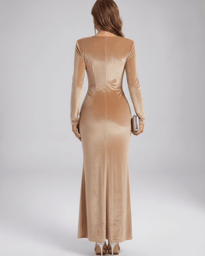 Beige velvet maxi dress by Lauven, featuring a smooth silhouette and square neckline, perfect for formal events.