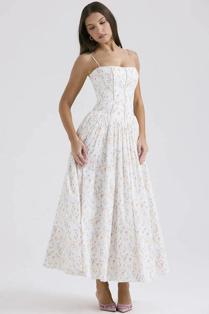 Aurora Maxi Dress featuring a floral print, perfect for summer weddings, graduation, and formal occasions.