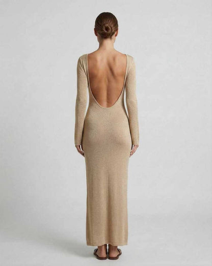 Back view of the sleek Aurora Maxi Dress by Lauven showcasing its elegant deep V-neck and fitted silhouette.