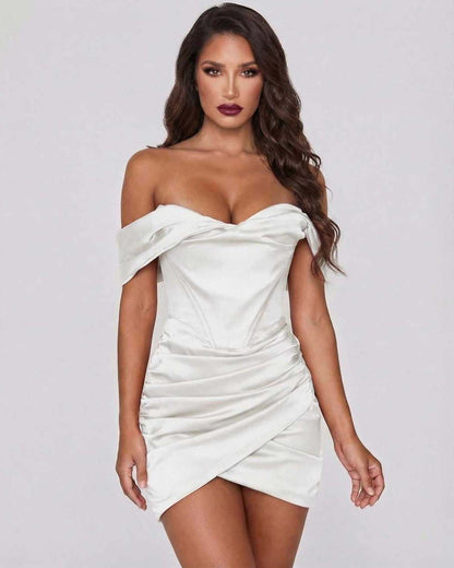 Lauven Aurora Mini Dress featuring luxe satin off-shoulder design and elegant wrap-style skirt for upscale events.