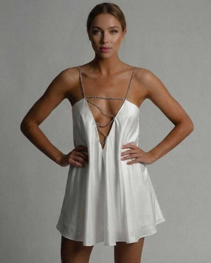 Aurora Mini Dress by Lauven featuring a sleek satin finish and elegant A-line silhouette in classic white.