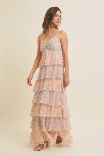 Aurora Women's Dress featuring a floral tiered maxi design, perfect for summer occasions and wedding guests.