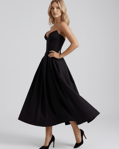 Aveline Midi Dress in black, V-neck midi dress with structured bodice, flowing skirt, by Lauven. Perfect for elegant occasions.