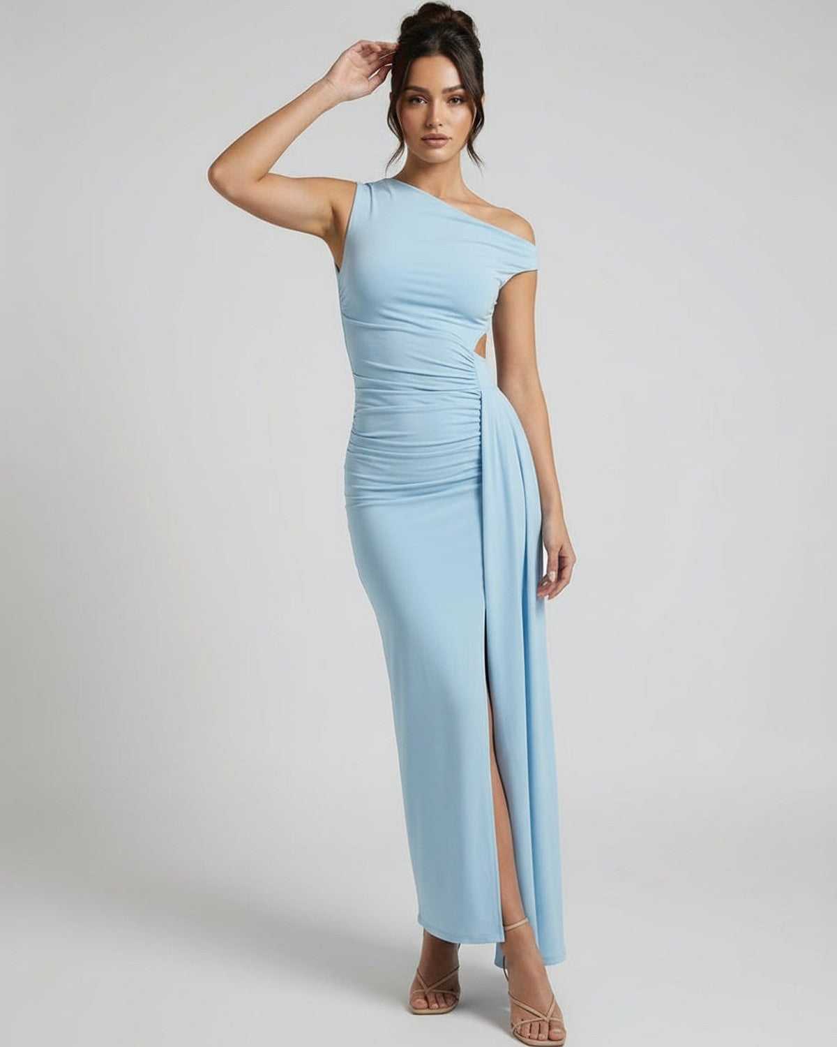 Aveline Maxi Dress - Blue one shoulder dress with ruched high waist and slit, by Lauven. Elegant fit for evening wear.