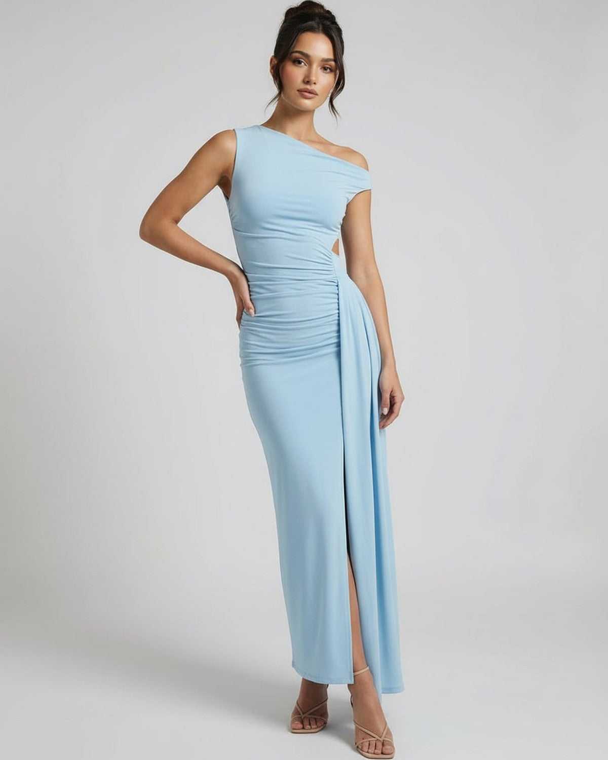 Aveline Maxi Dress – Blue one shoulder dress with ruched high waist silhouette by Lauven, embodying elegance and style.