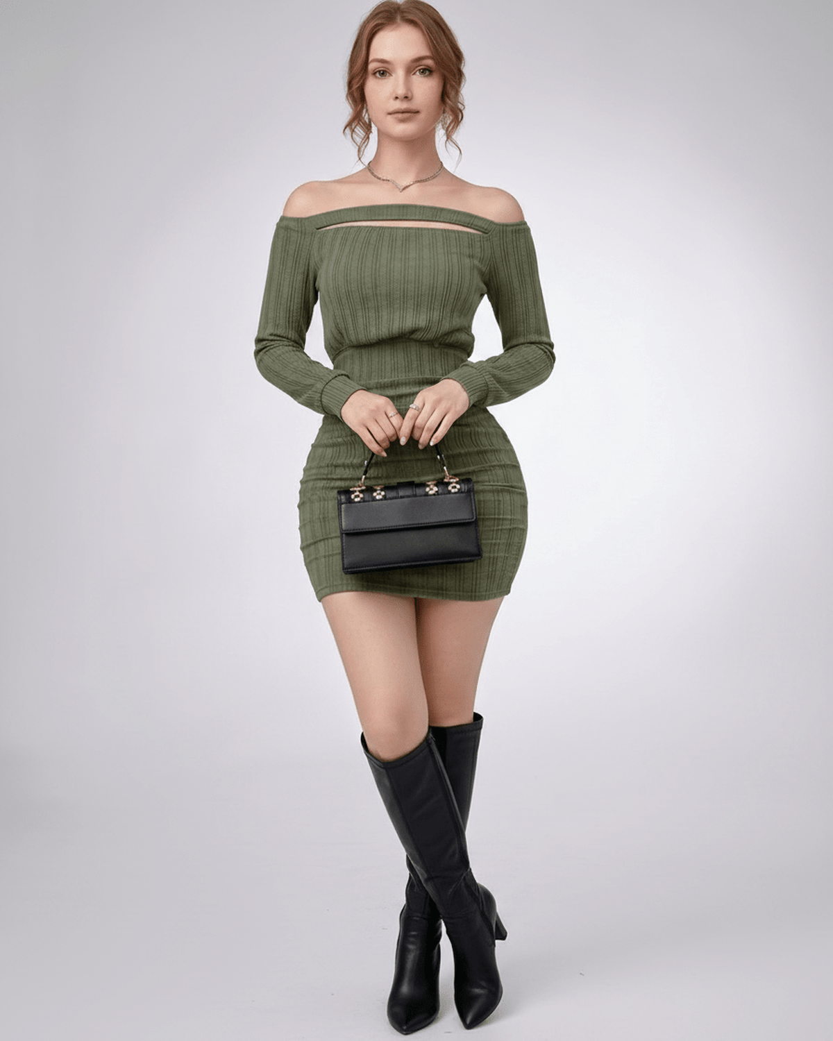 Aveline Mini Dress in textured knit with off-shoulder neckline, featuring bodycon fit for a polished look by Lauven.