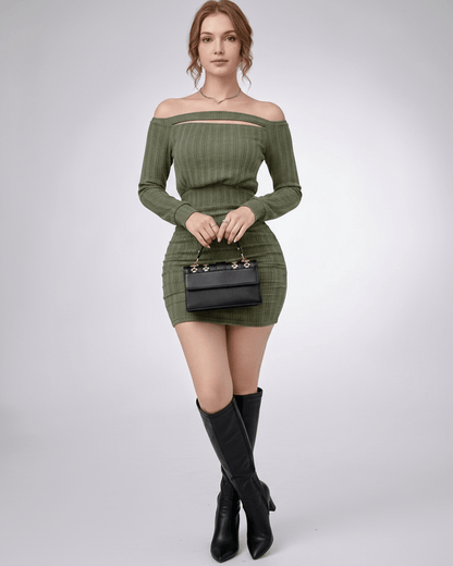 Aveline Mini Dress in textured knit with off-shoulder neckline, featuring bodycon fit for a polished look by Lauven.