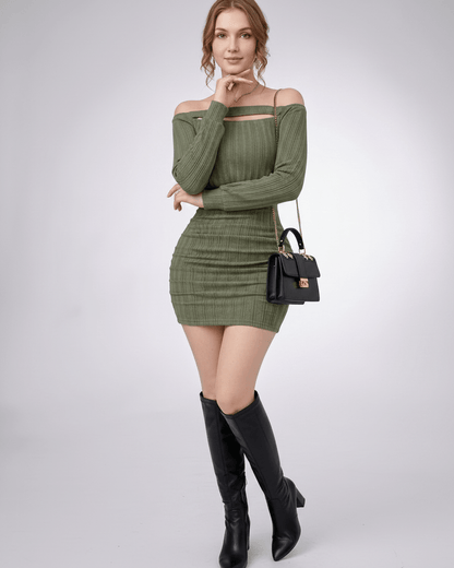 Aveline Mini Dress in textured knit with off-shoulder neckline, bodycon silhouette by Lauven, perfect for modern wardrobes.